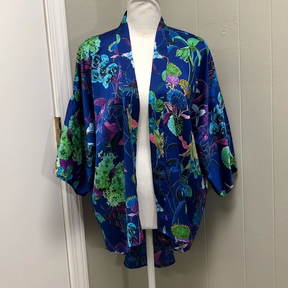 Boho jewel tone summer vacation high-low chic cute oversized floral kimono S
